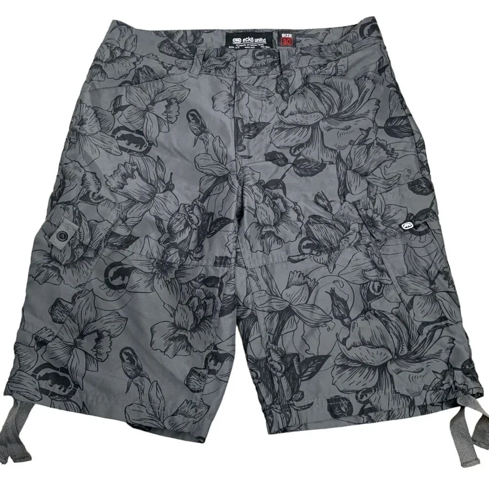Ecko Unltd Cargo Board Shorts 30 Grey Floral Pockets Drawstring Button Zipper